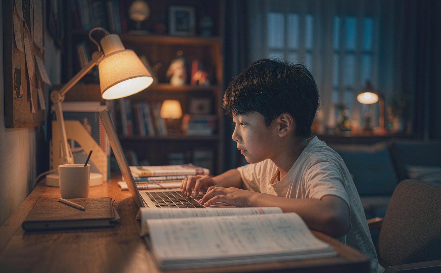 孩子在书桌前与自己的 AI 老师对话